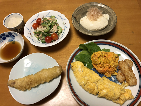 しらすとチーズのオムレツと 南瓜と人参サラダと カマス天ぷらと ゴーヤのツナ和えと 寄せ豆腐 それにお味噌汁 かやうにさふらふ しらすとチーズのオムレツと 南瓜と人参サラダと カマス天ぷらと ゴーヤのツナ和えと 寄せ豆腐 それにお味噌汁 かやうにさふらふ