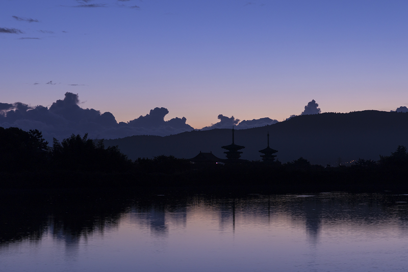 油彩自然風景画奈良薬師寺と七条大池