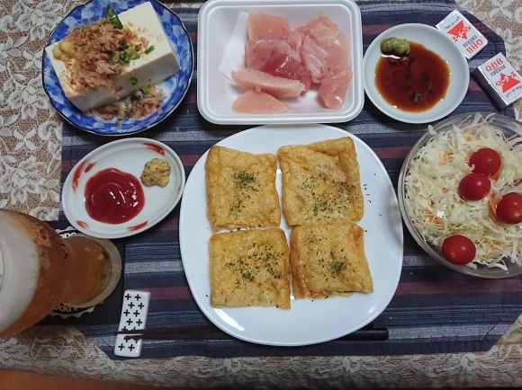 9/24 サントリー金麦糖質75%OFF、野菜ジュース割、牛乳割、油揚げのブリトー、びんちょう鮪ブツ@自宅_b0042308_00331184.jpg