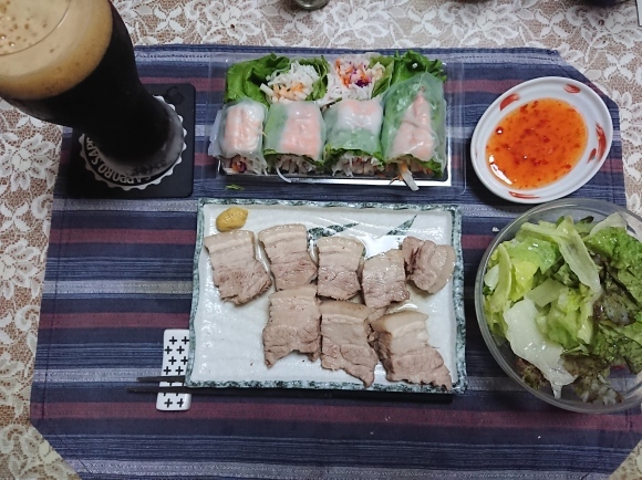 キリン一番搾り黒生、Takara焼酎ハイボールシークヮーサー割り、10分焼豚、海老生春巻@自宅_b0042308_09354202.jpg