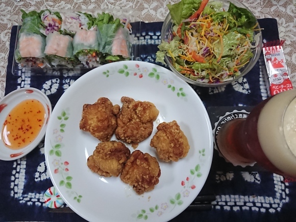 10/22 琥珀ヱビス、サントリー金麦糖質75%OFF、味の素冷凍から揚げ、エビ生春巻@自宅_b0042308_11492463.jpg