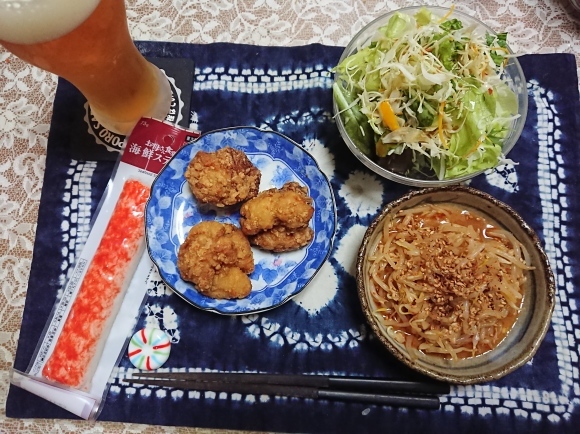 10/25夜勤明け サントリー金麦濃いめのひととき、お墨付き・オレンジチューハイ、味の素冷凍から揚げ、悪魔の壺もやし、自家製カレーライス@自宅_b0042308_17310823.jpg