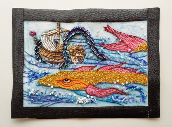 刺繍で北斎まんが 海縄と仁魚 とんでもひつじ日和