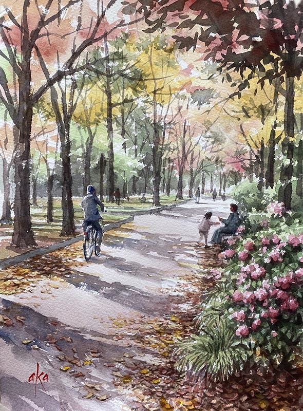 一番人気物 靱公園の秋 大阪 : watercolor TAKASHI AKASAKA 赤坂