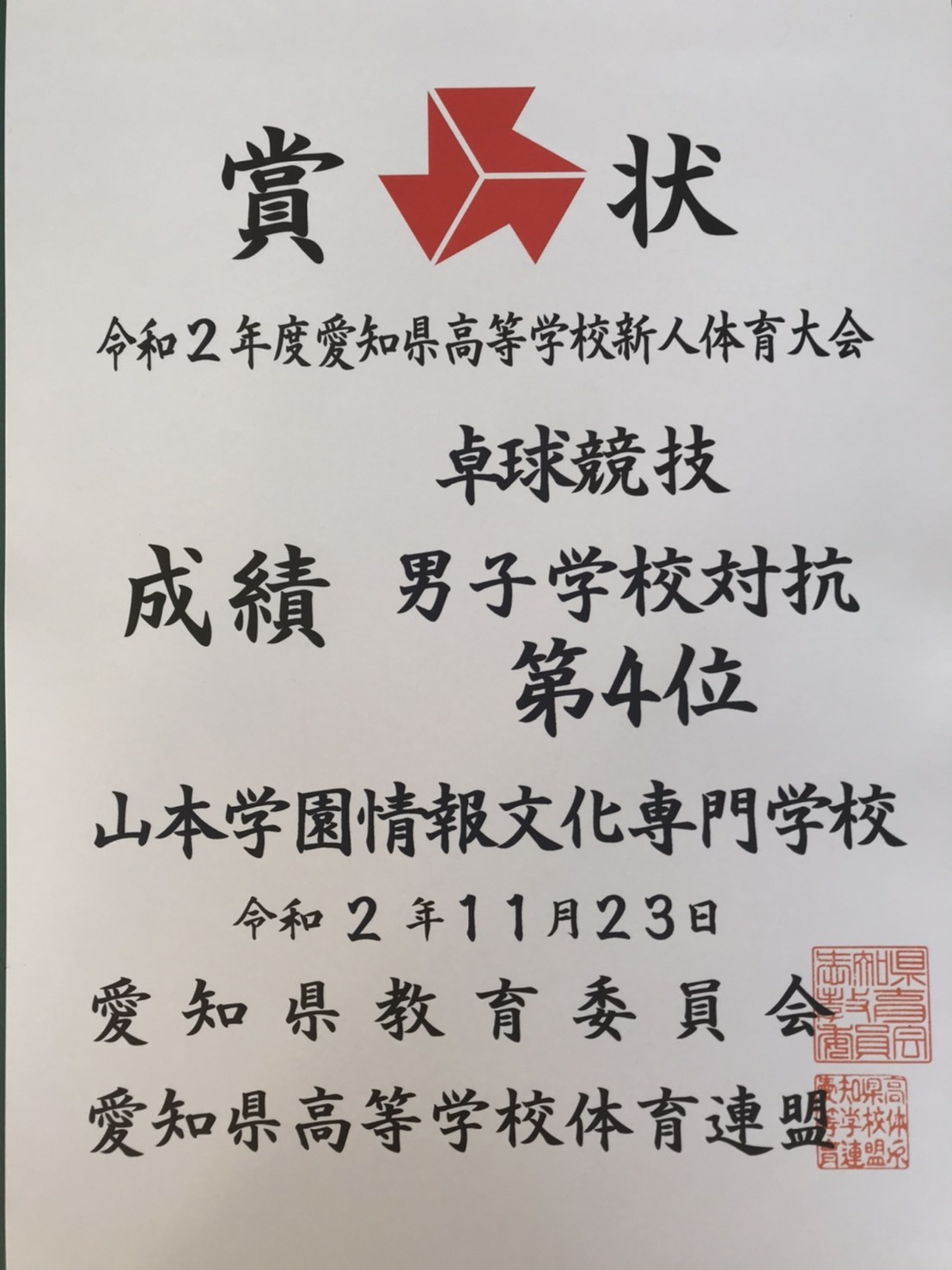 祝 愛知県第４位 男子卓球部 東海大会出場 ヤマガクマ 日記