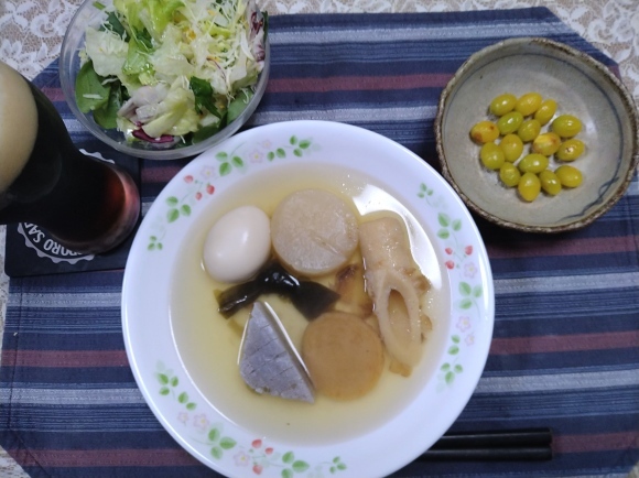 11/29夕飯 DHCブラックラガー、サントリー金麦、おでん、炒り銀杏@自宅_b0042308_11414070.jpg