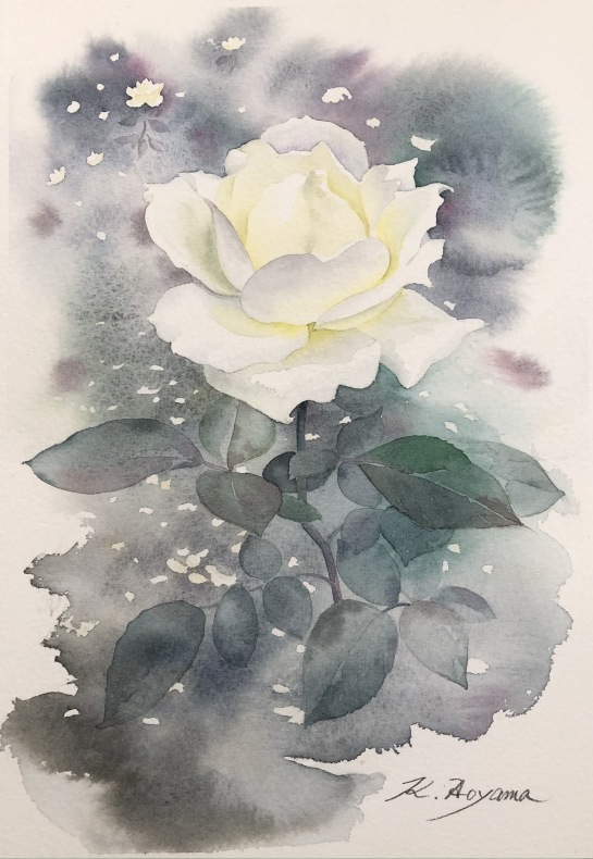 小さな白い薔薇 : 青山一樹 水彩画のひととき 小さな白い薔薇 : 青山一樹 水彩画のひととき