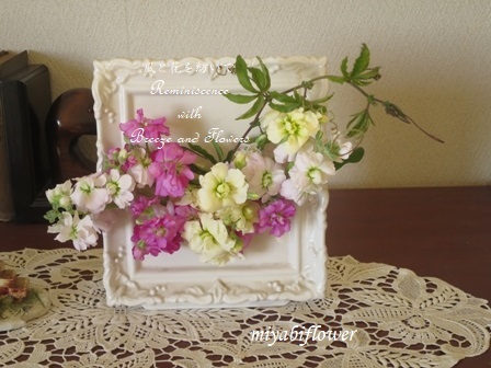 ストックをフレーム花器に生けて 風と花を紡いで