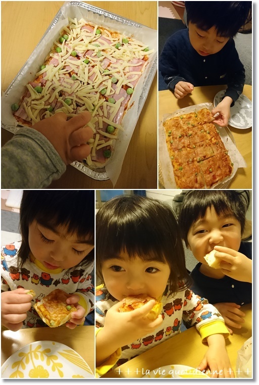 家にあるもので何とか作れたピザと【初雪】雪を食べようと必死な2人(笑)_a0348473_06050686.jpg