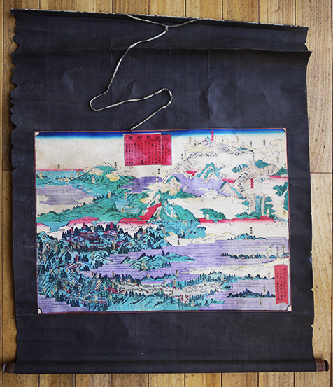 錦絵 三山総絵図（月山・羽黒山・湯殿山）4枚貼合わせ軸装 三