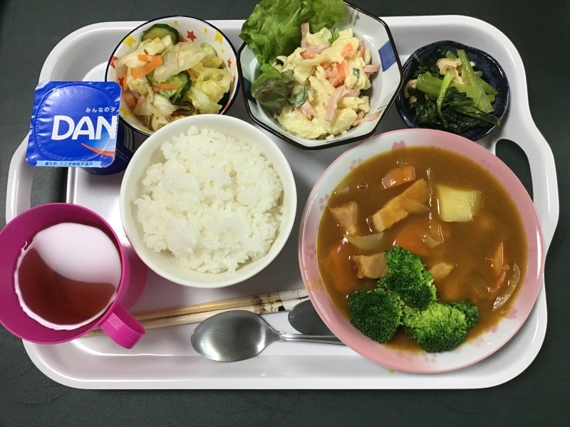 あじさい荘 夕食 スープカレー マカロニサラダ 小松菜と油揚げの炒め物 キャベツの漬物 ヨーグルト 今日の献立 あじさい荘 夕食 スープカレー マカロニサラダ 小松菜と油揚げの炒め物 キャベツの漬物 ヨーグルト 今日の献立