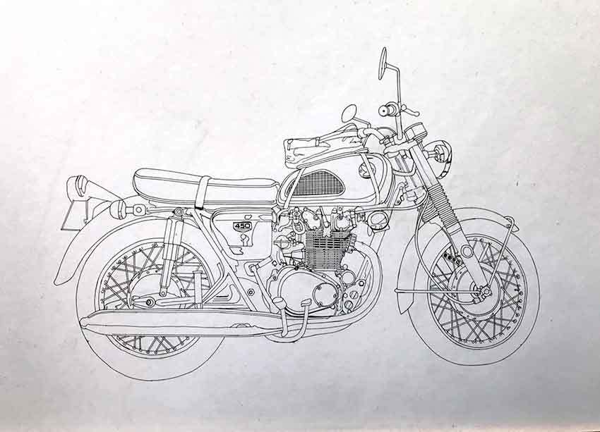 輝く高品質な オートバイイラスト・ホンダCB450と、鉛筆画の端四国第85番「西 絵画