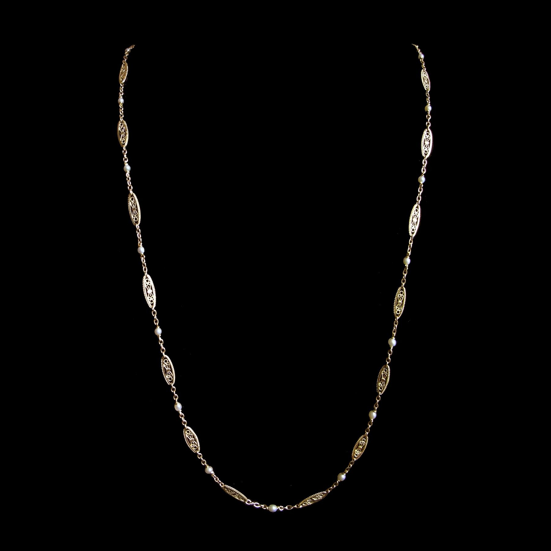 N°1267 フィリグリー細工＆天然真珠 18金製ロングネックレス/100cm未満
