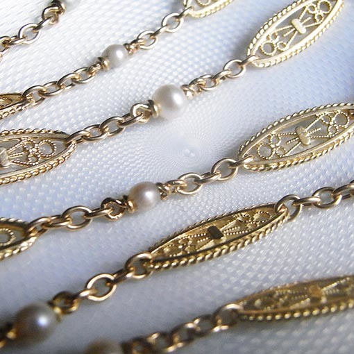 Sold- N°1267 フィリグリー細工＆天然真珠 18金製ロングネックレス 