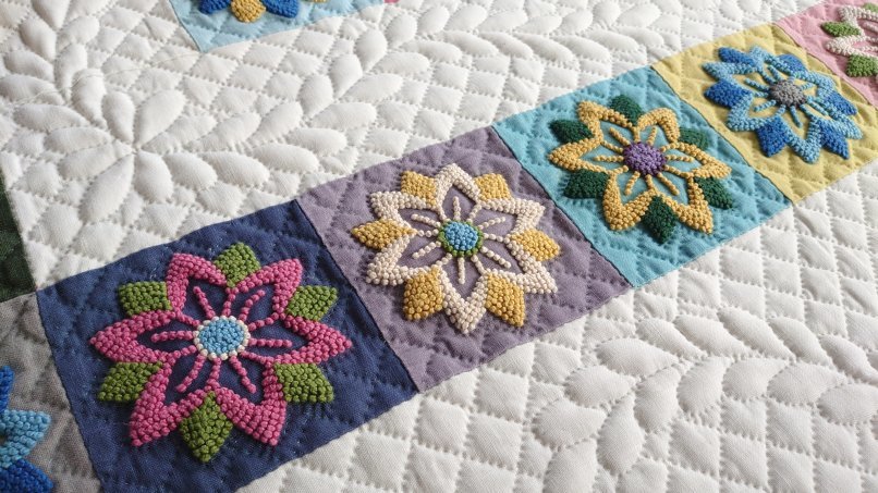 花のモチーフのキルト、トラプント中 : Quilt Note