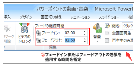 Ppt ビデオの自動再生と繰り返しとビデオ開始 終了の位置とフェードイン フェードアウト Office19pro