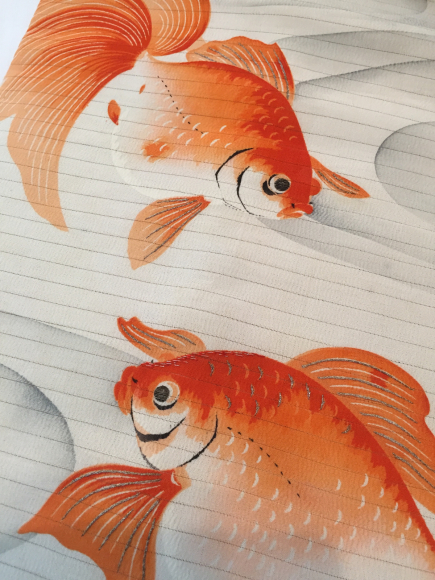 6 5より おさんぽきもの In恵比寿 ストライプに団扇着物 金魚帯 販売商品1 着物のいろは行商日記３
