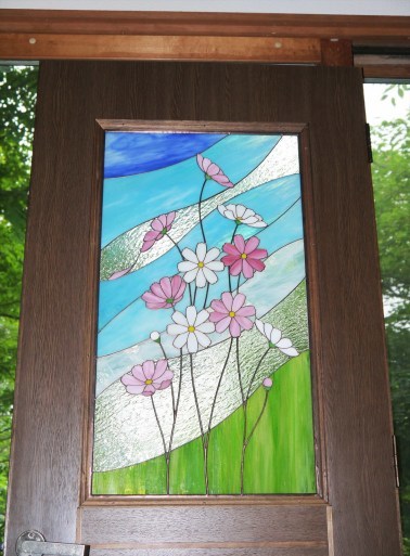 熊本県阿蘇郡 I様邸 リビングドアステンドグラスパネル 秋桜 コスモス 納品取り付けしました ガラス造形工房 平井聡典 ひらいそうてん 阿蘇