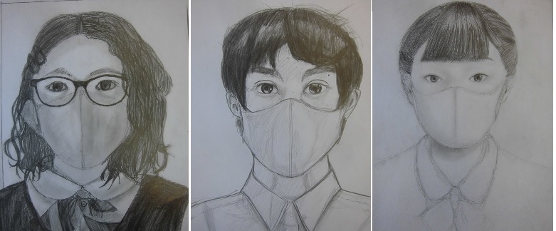 中学３年生 マスクをした自画像 鉛筆デッサン 図工美術okayama