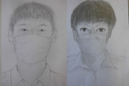 中学３年生 マスクをした自画像 鉛筆デッサン 図工美術okayama