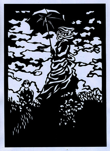 切り絵 日傘の女性 モネ夫人 切り絵 筆文字 四千万歩