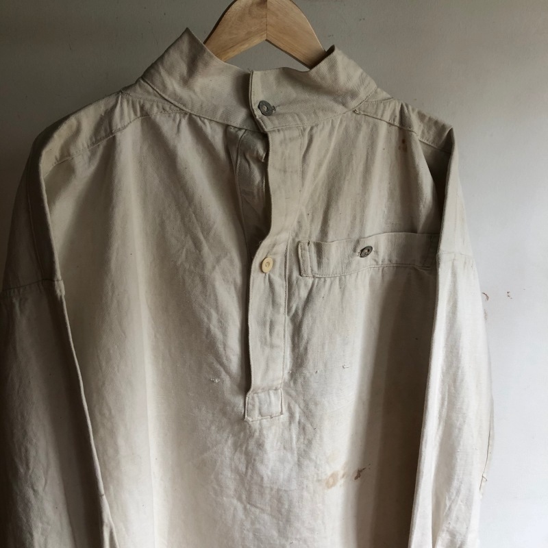 1930's French Military White Cotton Twill Bourgeron Smock 1930's French Military White Cotton Twill Bourgeron Smock