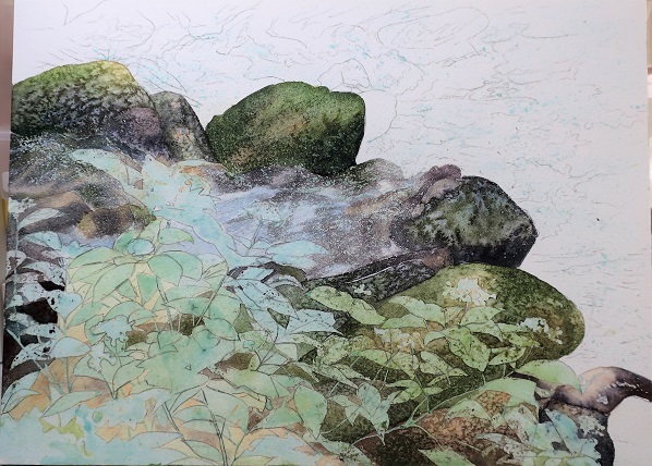 8月に行った奥多摩散策の取材で描いた渓流 : 小林啓子水彩画の部屋