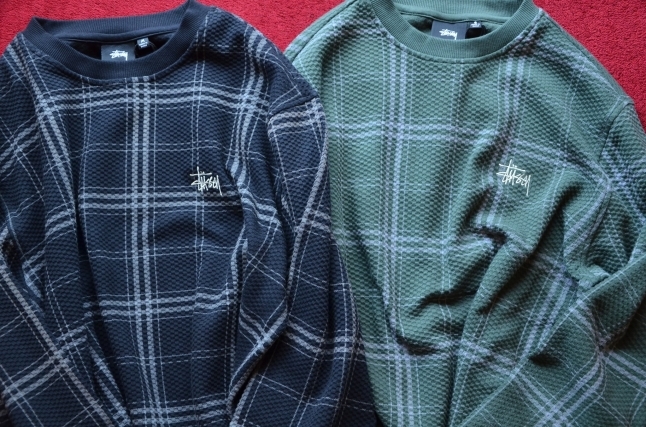 STUSSY. DISCHARGED PLAID WAFFLE CREW