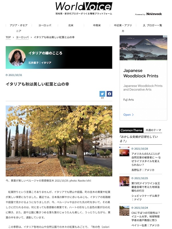 イタリアも秋は美しい紅葉と山の幸、World Voice 連載 手書き執筆 うっかり冬時間とブドウの黄葉_f0234936_23460143.jpg