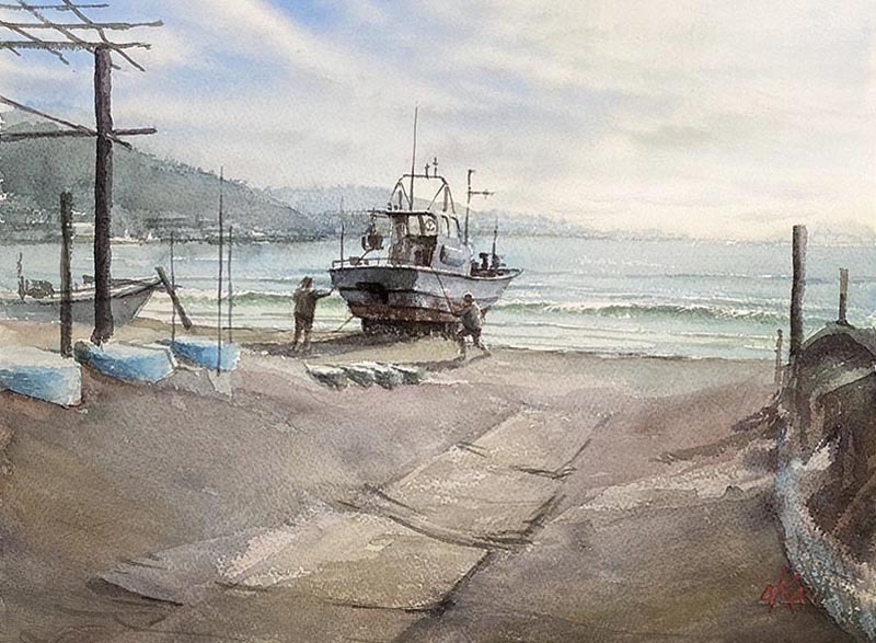 三浦海岸から歩いて津久井浜のあたり : 赤坂孝史の水彩画