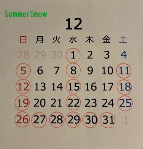 12月の営業日カレンダー Summer Snow