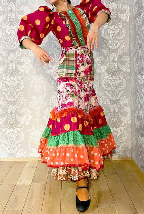 フラメンコ 衣装 ファルダ 大きな花柄 11段ボランテ レース