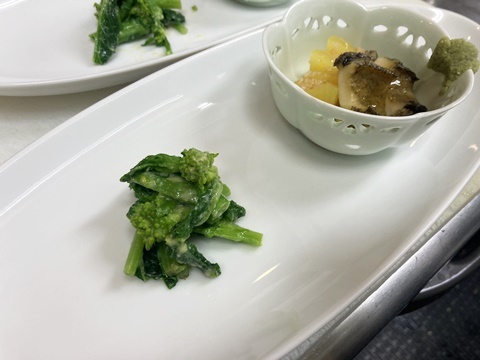 煮黒鮑 黄蕪と海老素朧 菜の花の辛子酢味噌 イル レオーネ 千林大宮駅近くのシェフソムリエのブログ