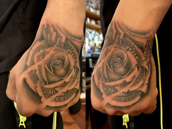 手の甲にマネーローズ Shun Gooddays Tattoo
