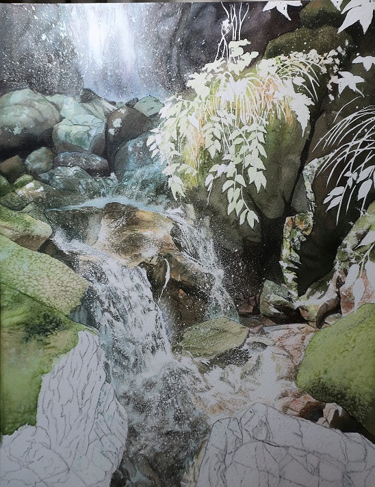 【真作】掛軸　滝のある山水画　静寂な自然の情景　渓流と滝　合箱入　Q193 湧水元滝 - 版画家 小暮真望