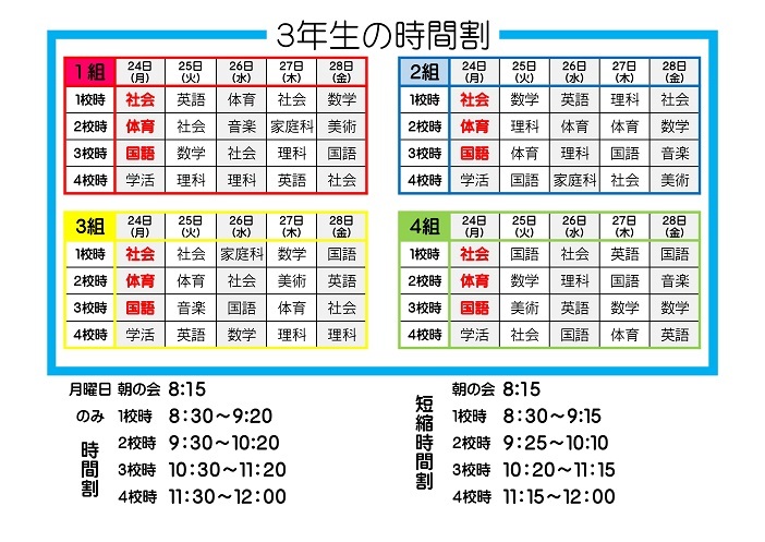 ３年生 １月２４日 時間割 宮古島市立北中学校