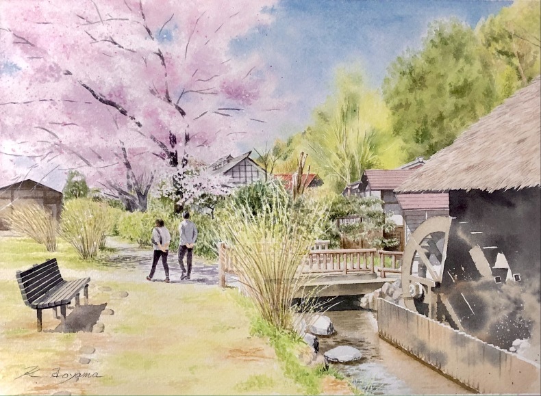 越生町 山吹の里歴史公園の桜 : 青山一樹 水彩画のひととき