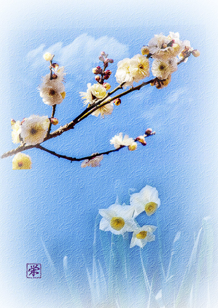 絵画色鉛筆風景画『富士と桜並木』原画 デジタルフォト研究会