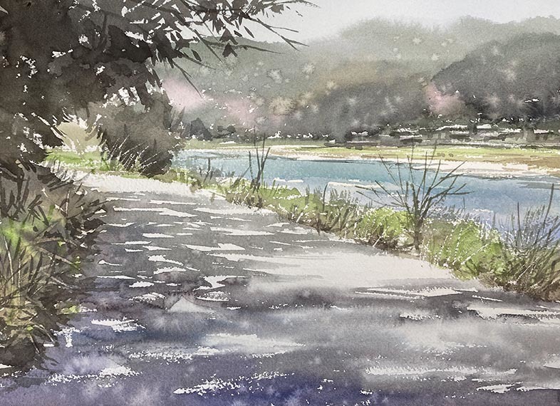 長良川 美濃市近辺 : 赤坂孝史の水彩画 AKASAKA TAKASHI watercolor