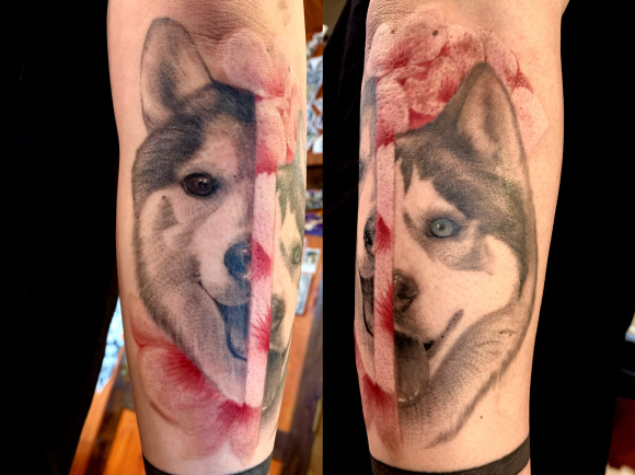 ハスキー犬と桃の花のタトゥー Shun Gooddays Tattoo