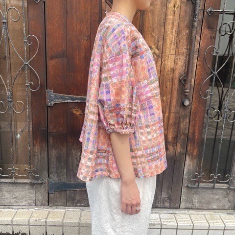 l'atelier du savon 》手描きチェックのパッチワークブラウス