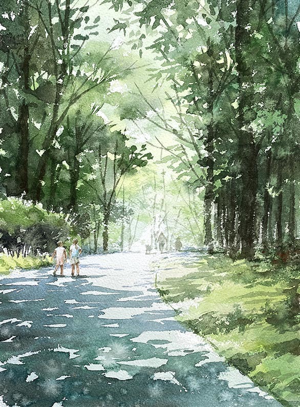 横浜 茅ヶ崎公園の夏 : 赤坂孝史の水彩画 AKASAKA TAKASHI