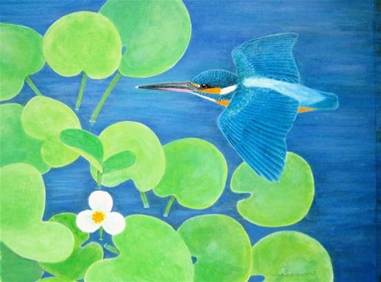  #自然画「青い飛翔 カワセミとトチカガミ」F4 (アクリル)_a0083553_13204143.jpg