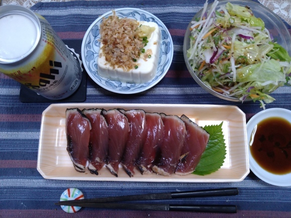 9/16 ASD生ジョッキ缶、クリアアサヒ秋の宴、サッポロ濃いめのレモンサワー深み熟成、鰹のたたき、肉野菜焼そば、小枝シュー@自宅_b0042308_06264778.jpg