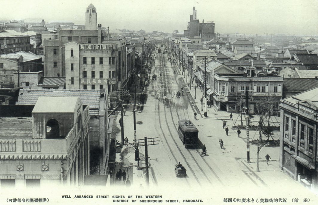 函館の路面電車と函館のレトロ建築群(函館坂のある町の風景