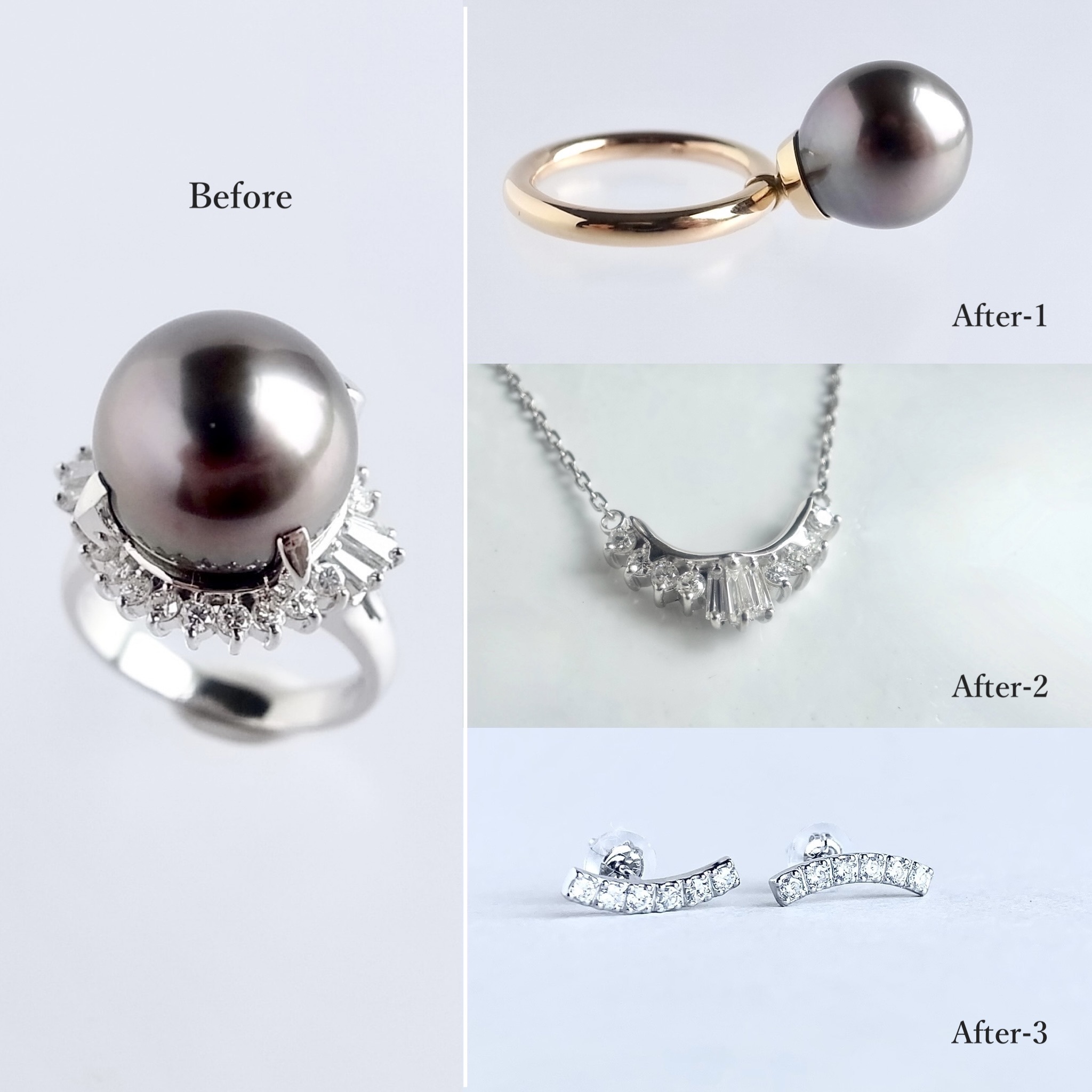 リメイク：黒蝶真珠とダイヤのリングから３アイテムお作りしました。_c0243355_16004284.jpg