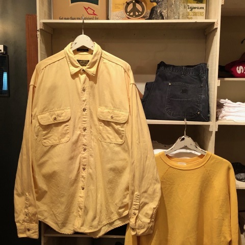 1990s \" EDDIE BAUER - made in U.S.A - \" ALL cotton HEAVY-WEIGHT SOLID L/S WORK SHIRTS ※ ライトイエロー_d0172088_20023810.jpg