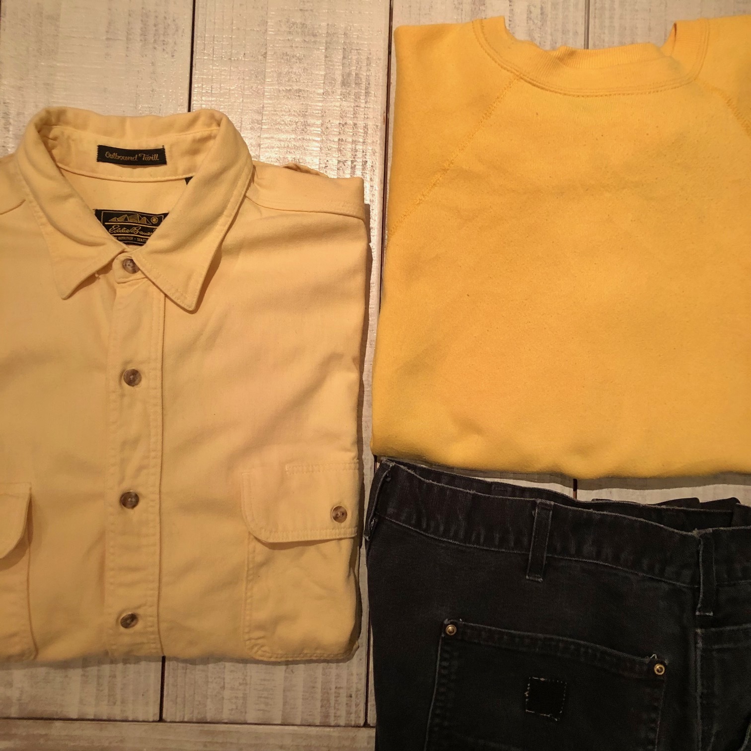 1990s \" EDDIE BAUER - made in U.S.A - \" ALL cotton HEAVY-WEIGHT SOLID L/S WORK SHIRTS ※ ライトイエロー_d0172088_20074040.jpg