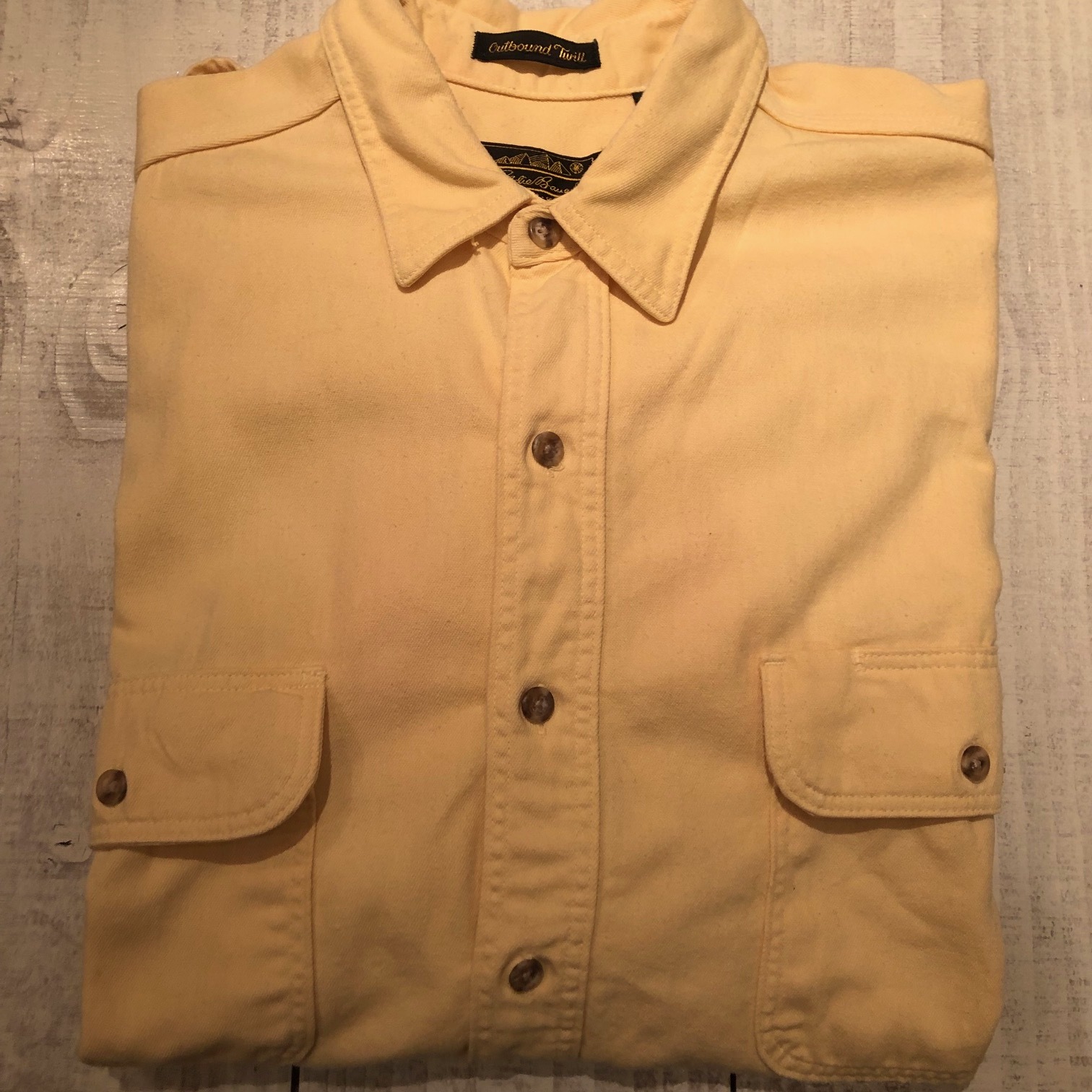 1990s \" EDDIE BAUER - made in U.S.A - \" ALL cotton HEAVY-WEIGHT SOLID L/S WORK SHIRTS ※ ライトイエロー_d0172088_20080985.jpg