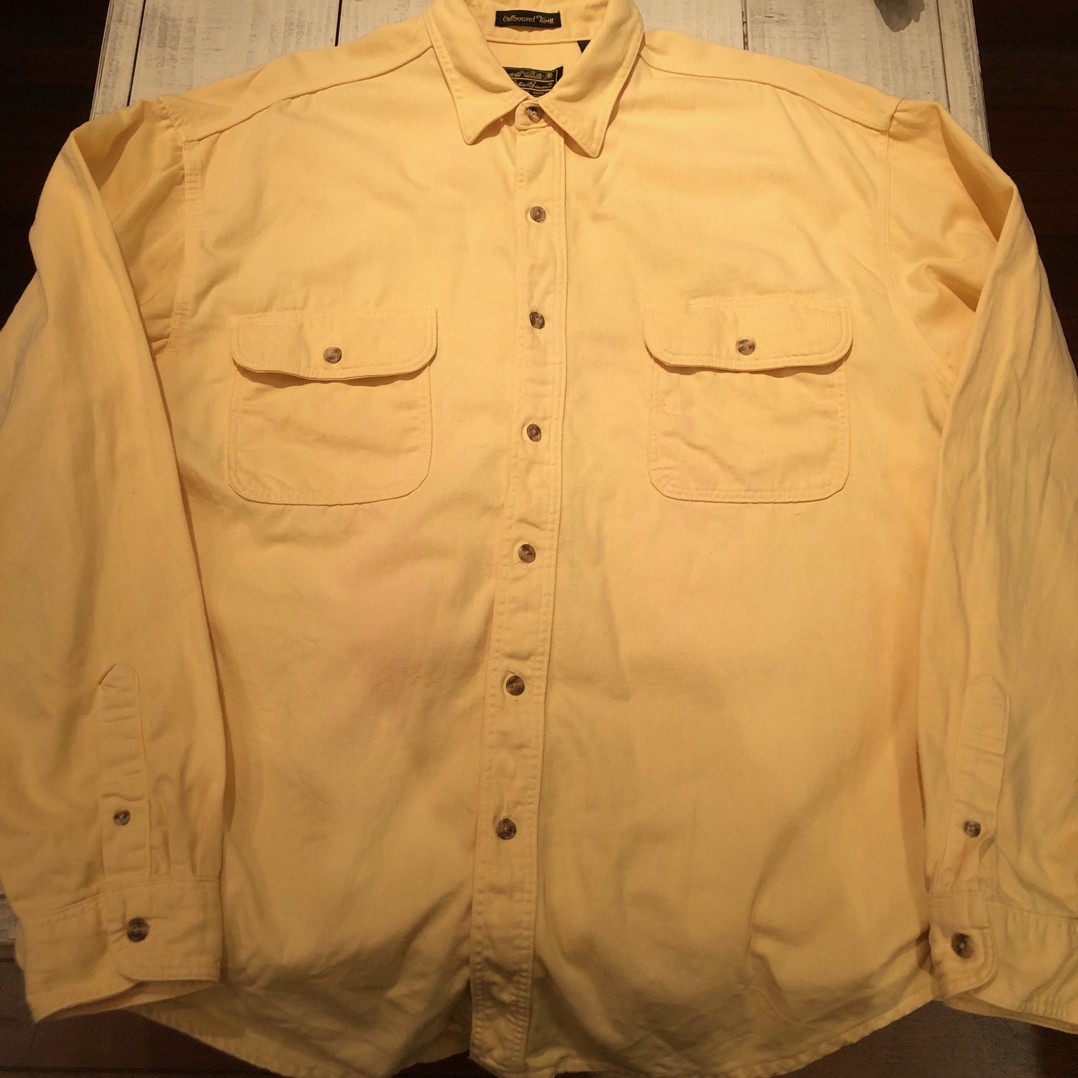 1990s \" EDDIE BAUER - made in U.S.A - \" ALL cotton HEAVY-WEIGHT SOLID L/S WORK SHIRTS ※ ライトイエロー_d0172088_20081386.jpg